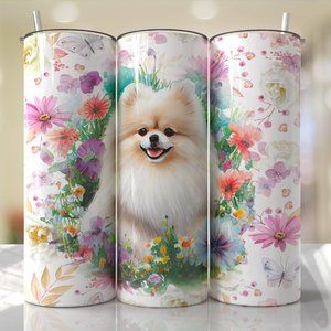 White Pomeranian‎ Dog 20oz Stainless Steel Tumbler with Lid & Straw